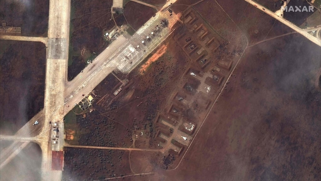 A satellite image shows the aftermath of a reported attack on the Saki airbase at Novofedorivka, Crimea. Image: Maxar Technologies via AFP