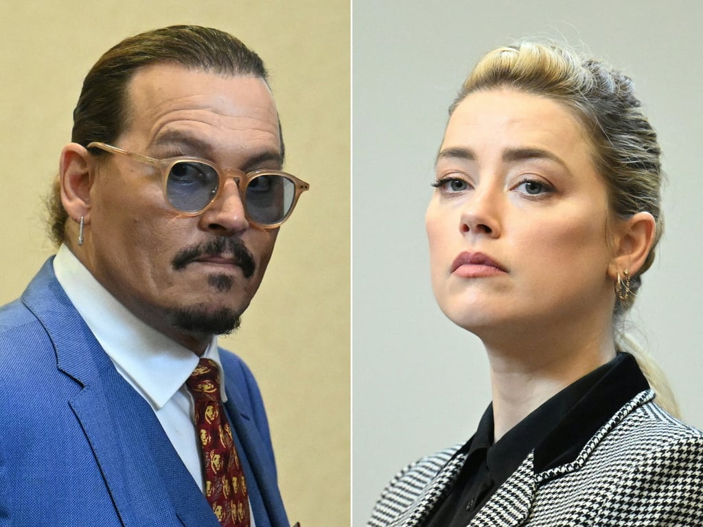 Johnny Depp, left, attending the trial and Amber Heard looking on in the courtroom at the Fairfax County Circuit Courthouse in Fairfax, Virginia, on May 24. Photos: AFP/Getty Images/TNS
