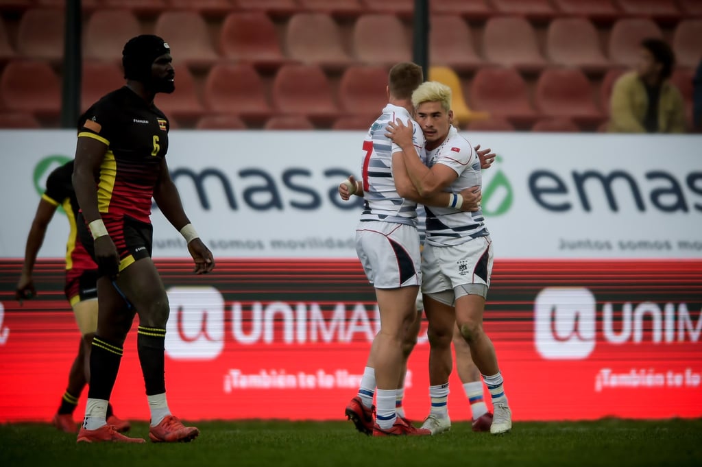 Hong Kong’s Russell Webb (left) and Alexander McQueen celebrate in the match against Uganda at the World Rugby Sevens Challenger Series in Santiago, Chile. Photo: World Rugby