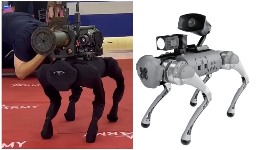 Some social media users were quick to point out the similarities of the robotic dog shown in the RIA Novosti report with a mounted rocket launcher and Unitree Robotics’ Go1. Photo: Handout Some social media users were quick to point out the similarities of the robotic dog shown in the RIA Novosti report with a mounted rocket launcher and Unitree Robotics’ Go1. Photo: Handout
