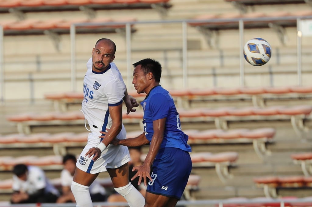 Mikael Severo wins an aerial challenge in the 2022 ACL match against BG Pathum United. Photo: Kitchee FC