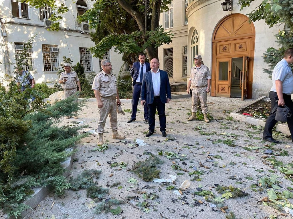 The Russian governor of Sevastopol, Mikhail Razvozhayev (centre) at the scene of an explosion at the HQ of Russia’s Black Sea Fleet on July 31 after a drone-borne explosive device detonated. Photo: Mikhail Razvozhaev Telegram channel via AP The Russian governor of Sevastopol, Mikhail Razvozhayev (centre) at the scene of an explosion at the HQ of Russia’s Black Sea Fleet on July 31 after a drone-borne explosive device detonated. Photo: Mikhail Razvozhaev Telegram channel via AP