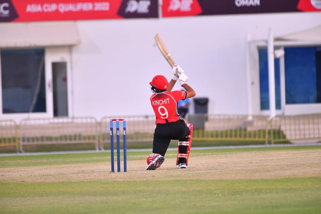 Kinchit Shah hits a shot for Hong Kong against Singapore in their T20 clash at the 2022 Asia Cup Qualifier.