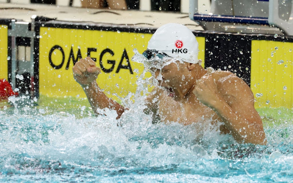Hayden Kwan reacts after breaking Hong Kong’s 200m backstroke record. Photo: Dickson Lee
