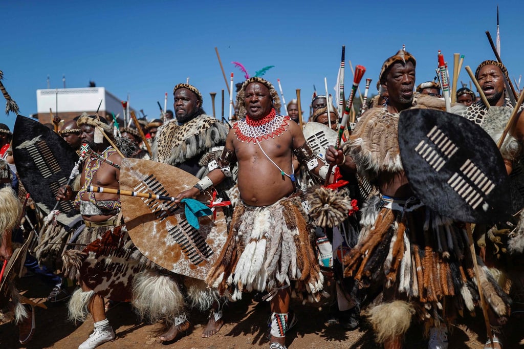 Amabutho (Zulu regiments) members celebrate the coronation of their new king Misuzulu Zulu (not pictured) on Saturday at the KwaKhangelamankengane Royal Palace in Kwa-Nongoma, near Durban, South Africa. Photo: AFP Amabutho (Zulu regiments) members celebrate the coronation of their new king Misuzulu Zulu (not pictured) on Saturday at the KwaKhangelamankengane Royal Palace in Kwa-Nongoma, near Durban, South Africa. Photo: AFP