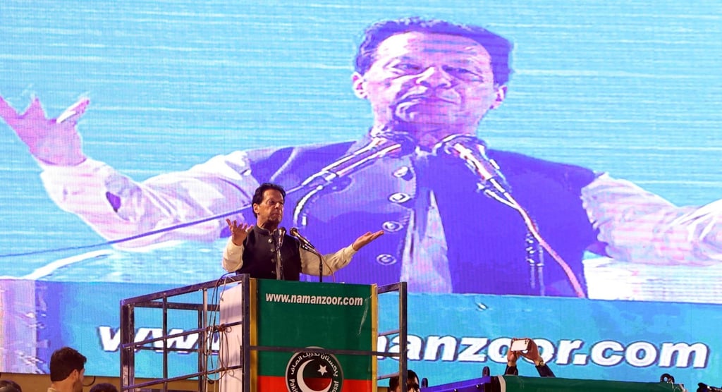 Pakistan’s former prime minister Imran Khan addresses supporters in Rawalpindi, Pakistan on Sunday. Photo: EPA-EFE