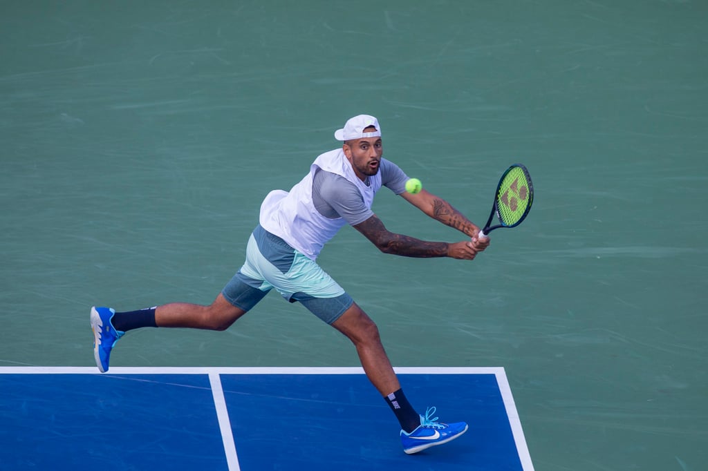 Nick Kyrgios hits a backhand against Taylor Fritz during the Cincinnati Open last week. Photo: dpa