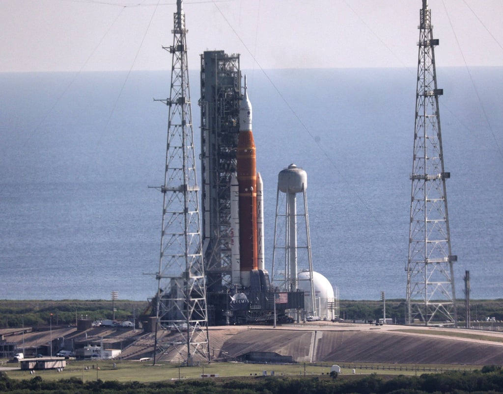A view of Artemis I at launch pad 39-B at Kennedy Space Center, Florida. The rocket is expected to launch on an unstaffed mission to orbit the moon on August 29. Photo: TNS