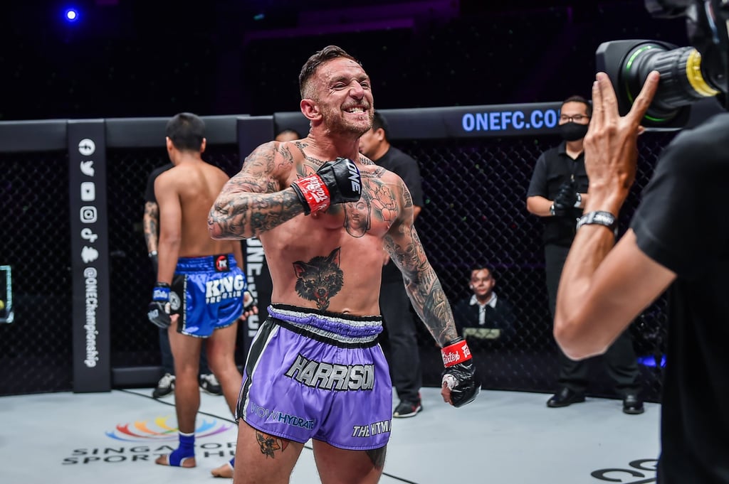 Liam Harrison celebrates beating Muanghtai at ONE 156.