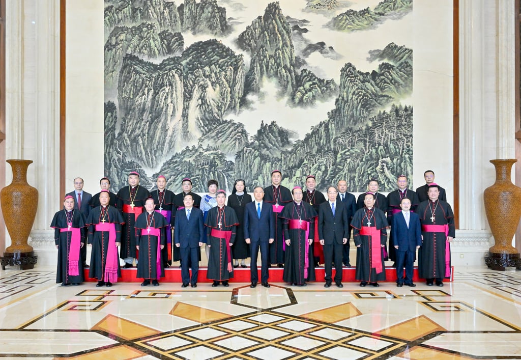 The new Catholic Church leaders meet Wang Yang (front row, centre), the Communist Party’s No 4, in Beijing. Photo: Xinhua The new Catholic Church leaders meet Wang Yang (front row, centre), the Communist Party’s No 4, in Beijing. Photo: Xinhua