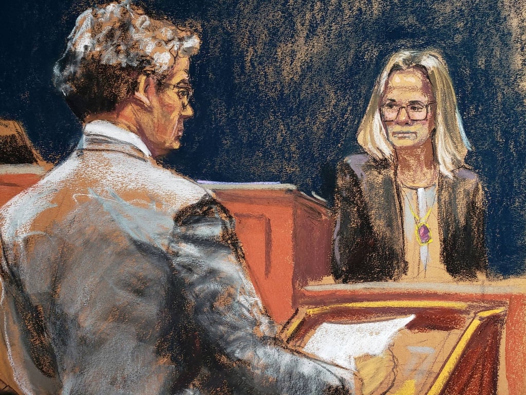 Defence lawyer Jeffrey Pagliuca (left) questions a witness during the trial of Ghislaine Maxwell in New York in December 2021. Image: Jane Rosenberg via Reuters