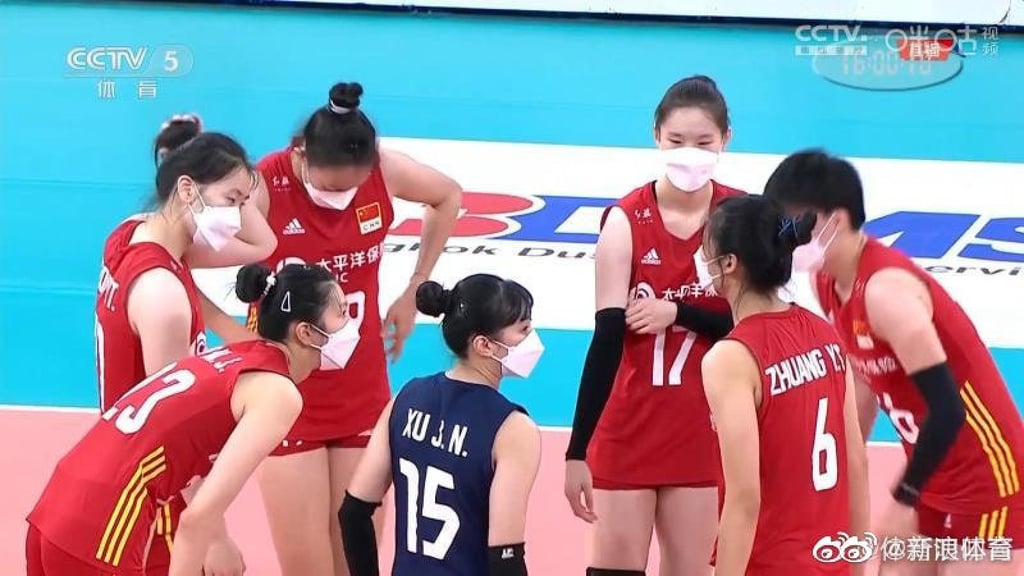 A screenshot of China women’s volleyball team players wearing N95 masks during their Asian Cup match against Iran. Photo: CCTV