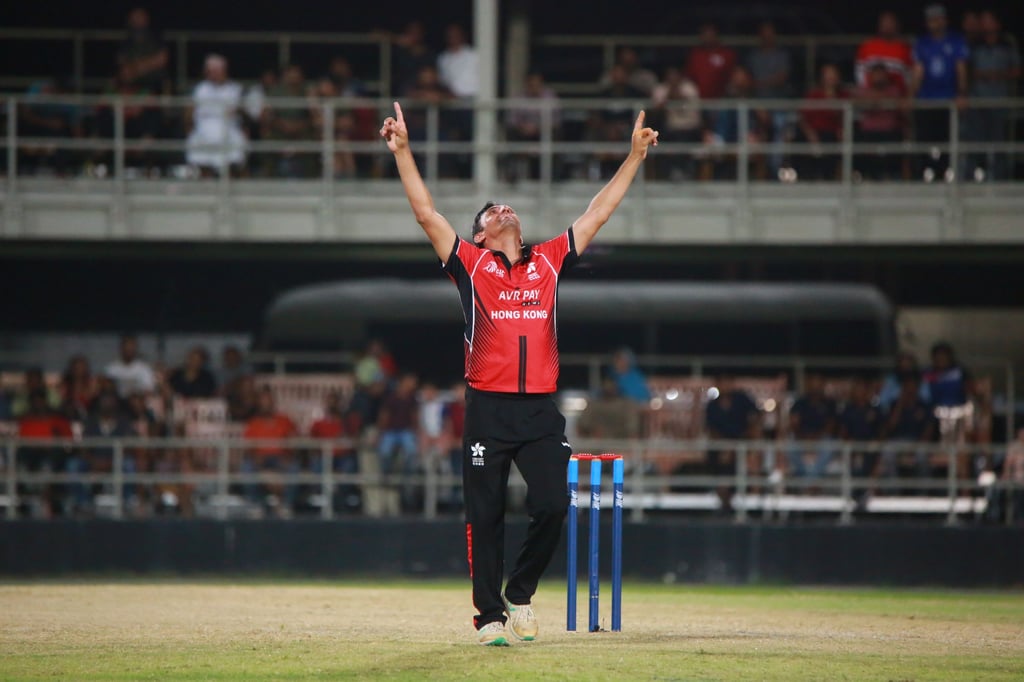 Ehsan Khan was man of the match for Hong Kong against UAE, taking 4 for 24. Photo: Asian Cricket