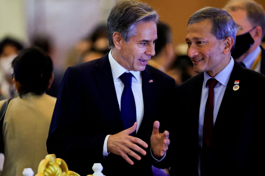 Singapore’s Foreign Minister Vivian Balakrishnan and US Secretary of State Antony Blinken during an Asean meeting in Cambodia on August 5. Photo: Reuters