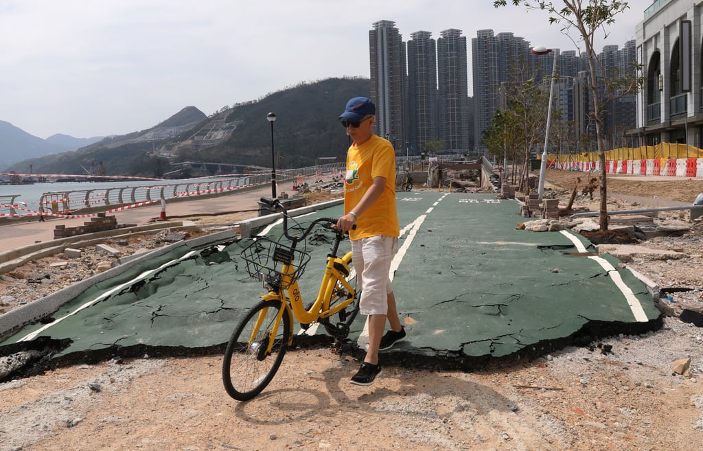A cycle lane damaged by Typhoon Mangkhut in Tseung Kwan O, on September 30, 2018. Photo: Dickson Lee A cycle lane damaged by Typhoon Mangkhut in Tseung Kwan O, on September 30, 2018. Photo: Dickson Lee