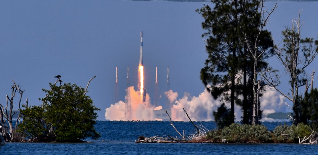 A SpaceX Falcon 9 rocket carrying a batch of Starlink satellites blasts off from Cape Canaveral Space Force Station in Florida, US on August 19. Photo: Florida Today via AP A SpaceX Falcon 9 rocket carrying a batch of Starlink satellites blasts off from Cape Canaveral Space Force Station in Florida, US on August 19. Photo: Florida Today via AP