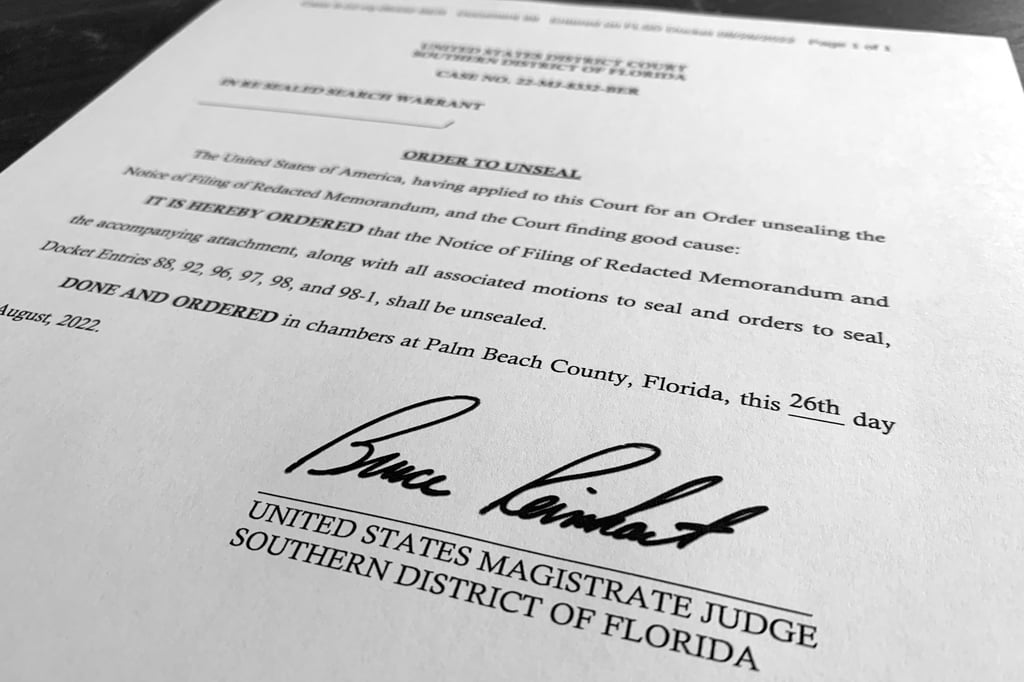 The motion to unseal the redacted affidavit and other documents, signed by US Magistrate Judge Bruce Reinhart. Photo: AP