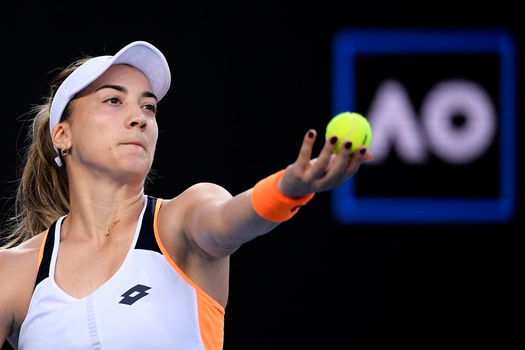 Danka Kovinic of Montenegro serves to Emma Raducanu of Britain during their second round match at the Australian Open. Photo: AP