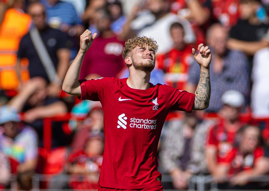 Liverpool’s Harvey Elliott celebrates after scoring. Photo: Xinhua