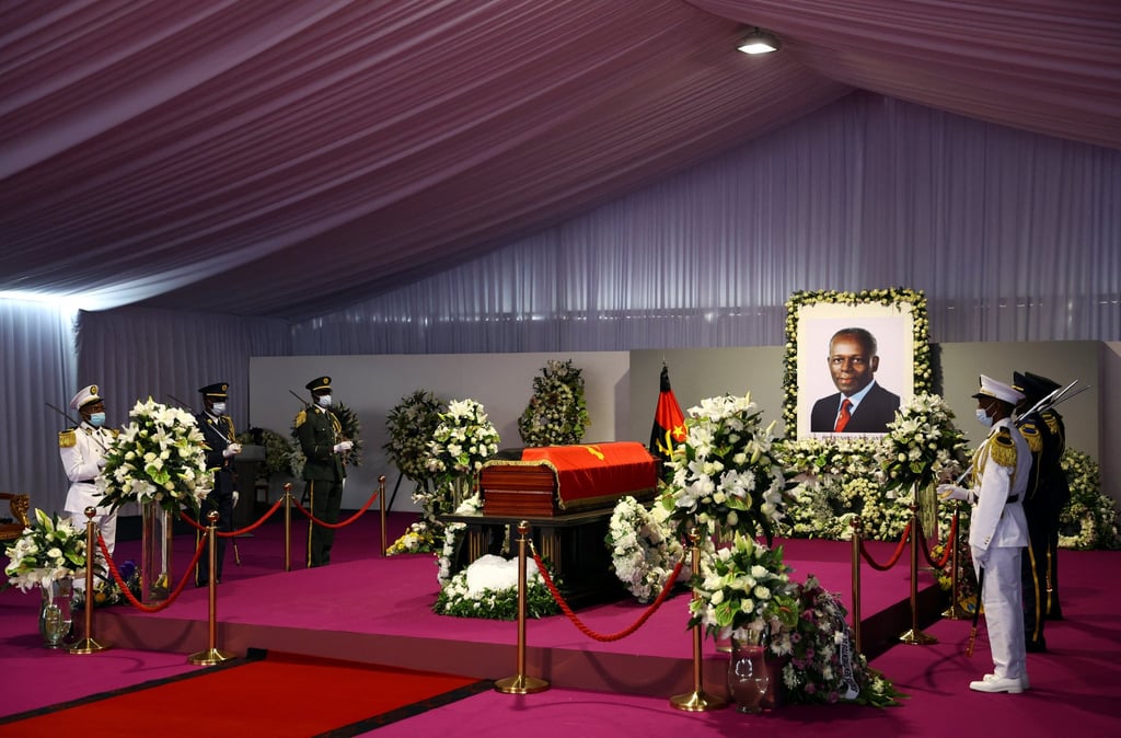 A casket carrying the body of Angola’s former President Jose Eduardo dos Santos, who died in Spain in July, lies during his funeral at the Agostinho Neto Memorial in Luanda on Sunday. Photo: Reuters A casket carrying the body of Angola’s former President Jose Eduardo dos Santos, who died in Spain in July, lies during his funeral at the Agostinho Neto Memorial in Luanda on Sunday. Photo: Reuters
