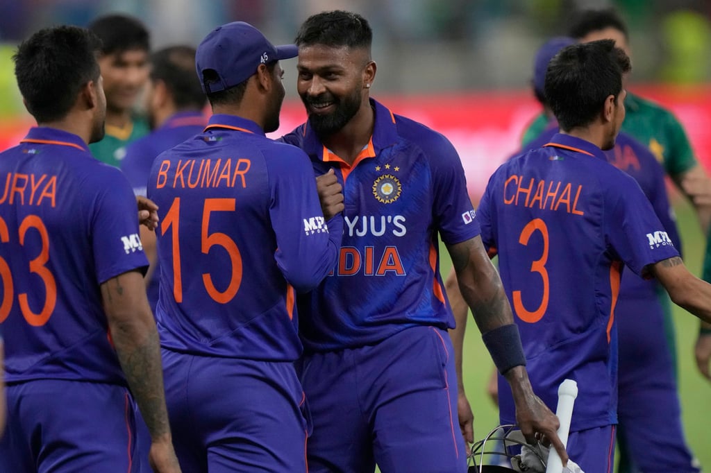 India’s Hardik Pandya (centre) celebrates with teammates after their win in T20’s Asia Cup against Pakistan. Photo: AP India’s Hardik Pandya (centre) celebrates with teammates after their win in T20’s Asia Cup against Pakistan. Photo: AP