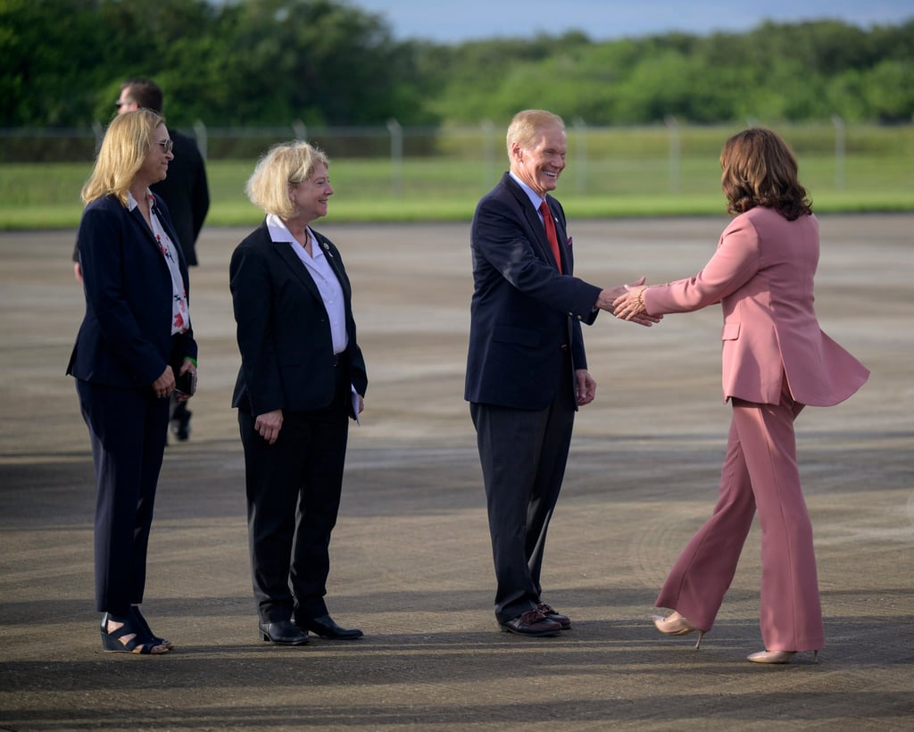 Nasa Kennedy Space Center director Janet Petro, left, Nasa Deputy Administrator Pam Melroy, and Nasa Administrator Bill Nelson, welcome Vice-President Kamala Harris as she arrives at the Kennedy Space Center, ahead of the planned launch for Artemis 1, on Monday in Cape Canaveral, Florida. Photo: AP