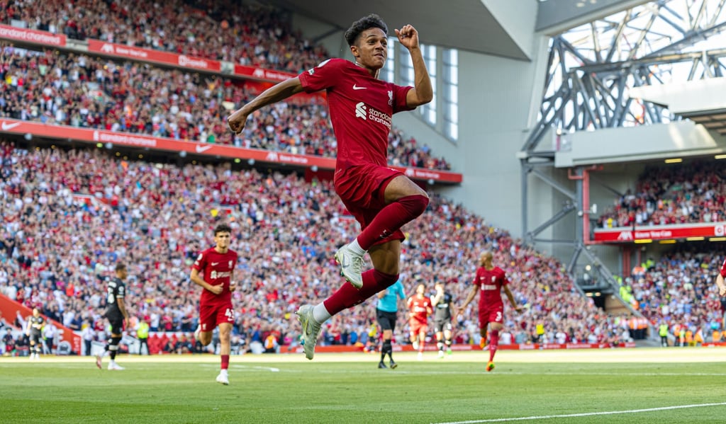Liverpool’s Fabio Carvalho celebrates after scoring in the 9-0 win against Bournemouth. Photo: Xinhua