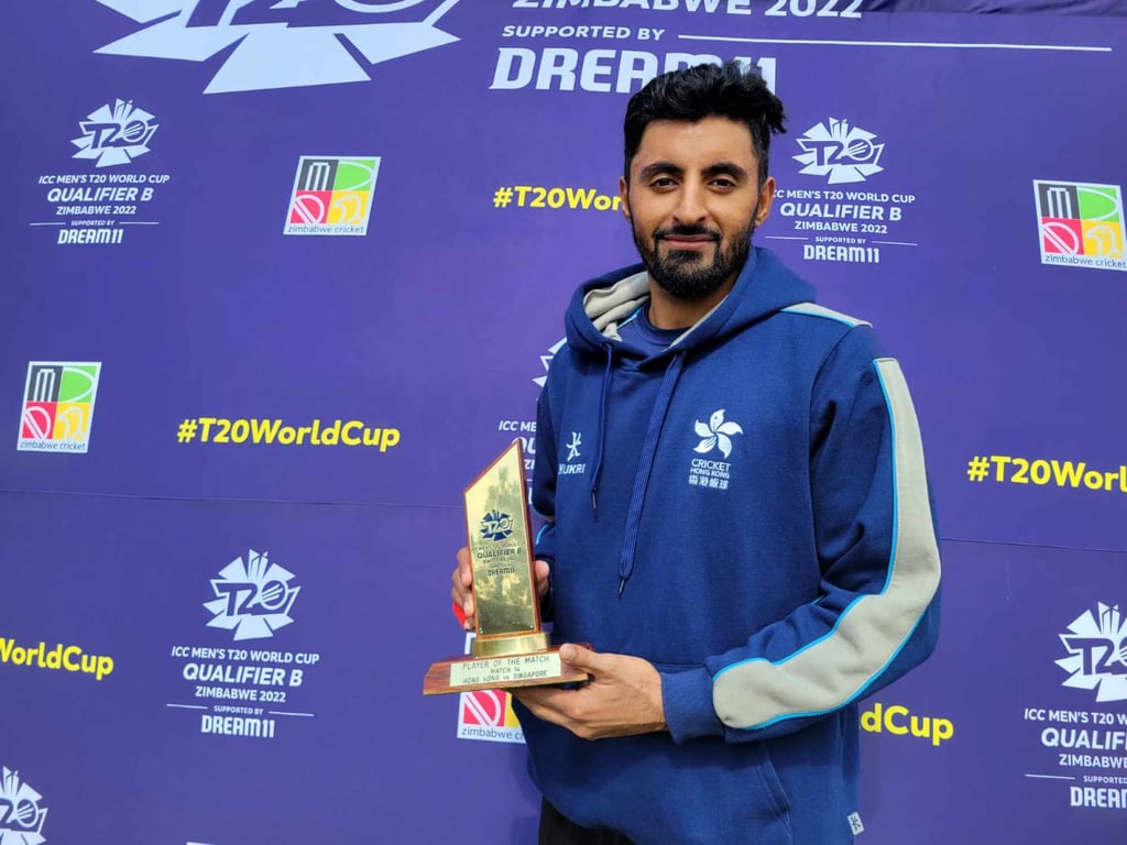 Hong Kong captain Nizakat Khan with his man of the match award after the game against Singapore at the ICC Men’s T20 World Cup Qualifier B. Photo: Cricket Hong Kong