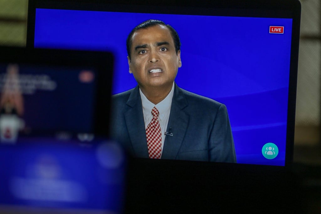 Mukesh Ambani, chairman and managing director of the Reliance Industries Ltd, speaks via live-stream during the annual general meeting in Mumbai, India, on August 29. Photo: Bloomberg