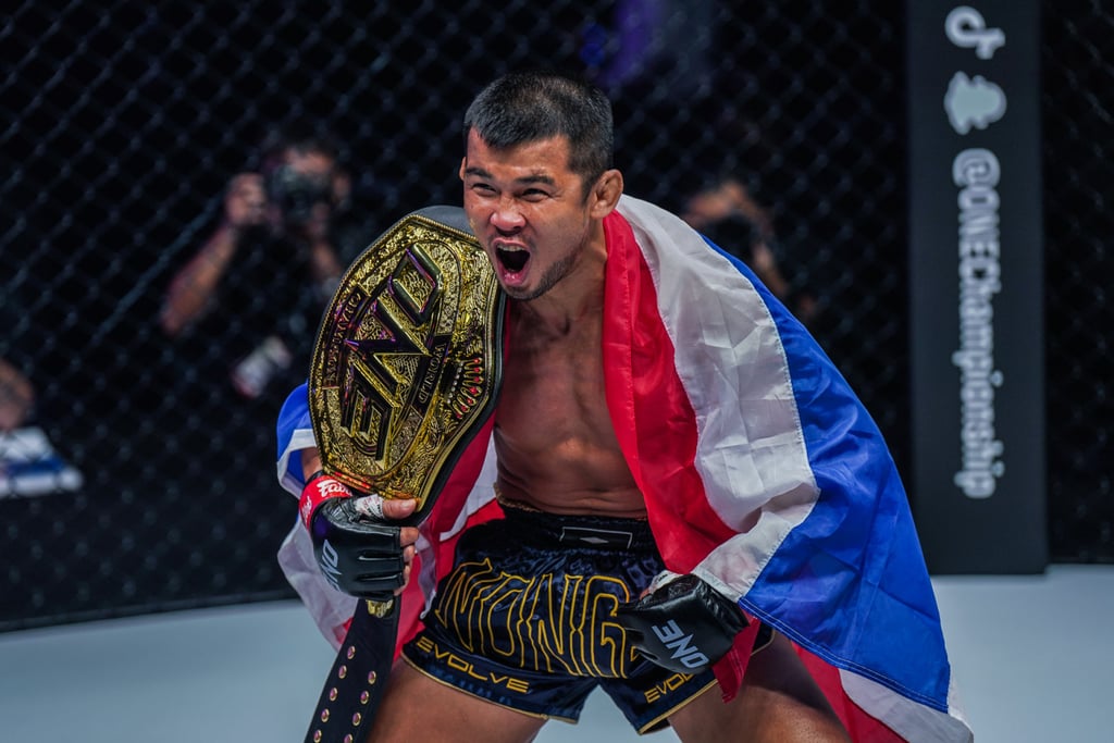 Nong-O Gaiyanghadao celebrates after beating Liam Harrison at ONE on Prime Video 1 in Singapore. Photo: ONE Championship Nong-O Gaiyanghadao celebrates after beating Liam Harrison at ONE on Prime Video 1 in Singapore. Photo: ONE Championship
