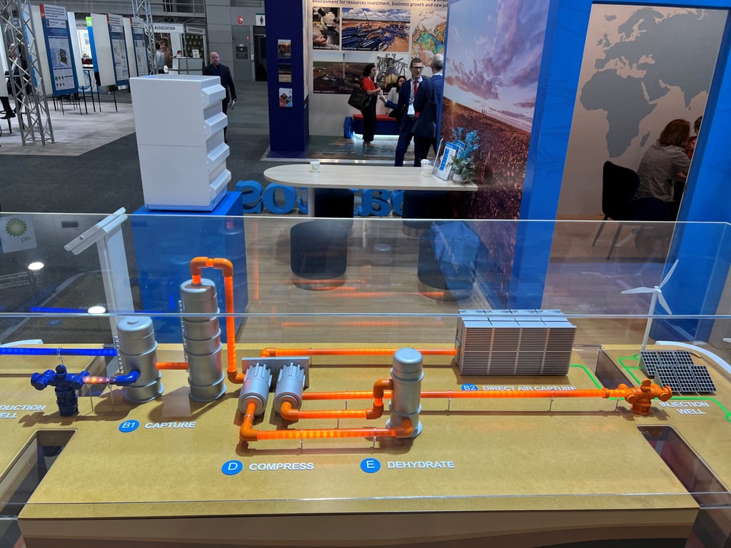 A model of carbon capture and storage designed by Santos is displayed at the Australian Petroleum Production and Exploration Association conference in Brisbane, Australia, on May 18, 2022. Photo: Reuters A model of carbon capture and storage designed by Santos is displayed at the Australian Petroleum Production and Exploration Association conference in Brisbane, Australia, on May 18, 2022. Photo: Reuters