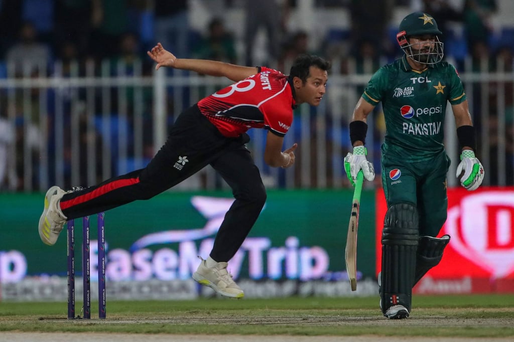 Hong Kong’s Ehsan Khan delivers a ball during the Asia Cup Twenty20 international cricket match between Pakistan and Hong Kong. Photo: AFP Hong Kong’s Ehsan Khan delivers a ball during the Asia Cup Twenty20 international cricket match between Pakistan and Hong Kong. Photo: AFP