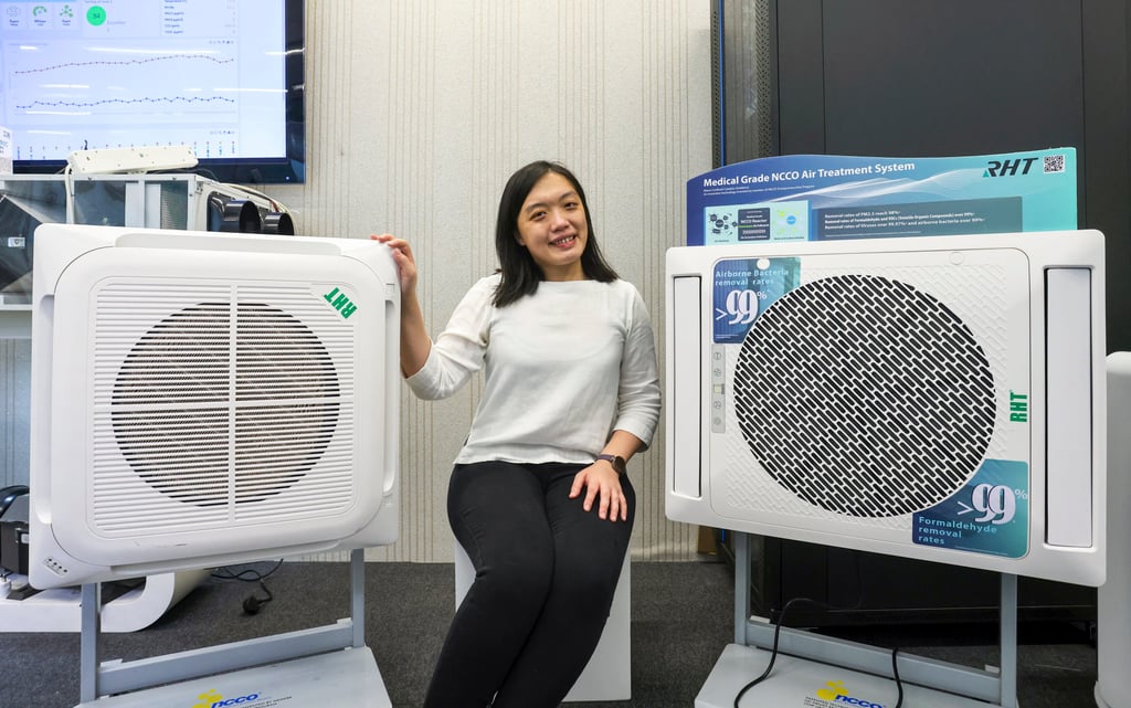 Cathy Jim with some of her innovations that remove impurities in the air. Photo: Jonathan Wong Cathy Jim with some of her innovations that remove impurities in the air. Photo: Jonathan Wong
