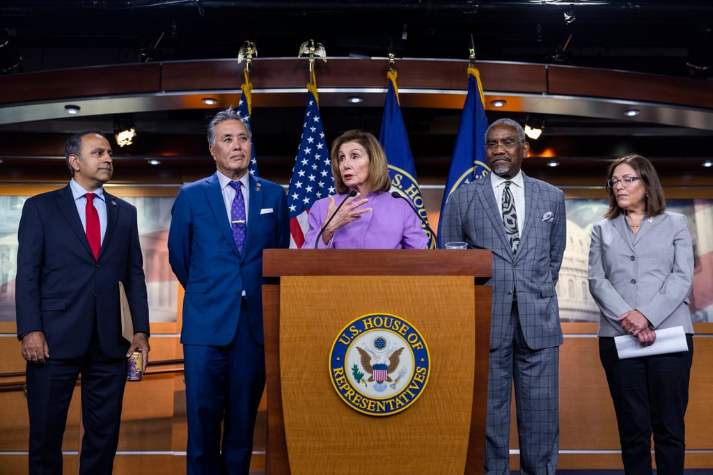 US Speaker of the House Nancy Pelosi (centre), along with the Congressional delegation that travelled to Taiwan, speaks to the media about their trip in the US Capitol in Washington on August 10. Photo: EPA-EFE US Speaker of the House Nancy Pelosi (centre), along with the Congressional delegation that travelled to Taiwan, speaks to the media about their trip in the US Capitol in Washington on August 10. Photo: EPA-EFE
