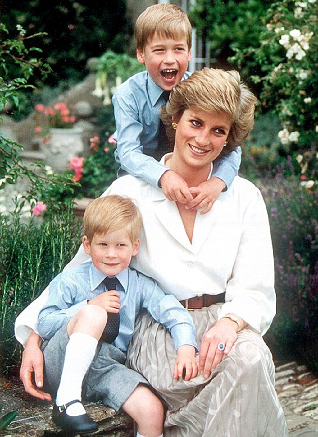 Diana, Princess of Wales with her sons Prince William and Prince Harry at Highgrove, in 1988. Photo: Handout