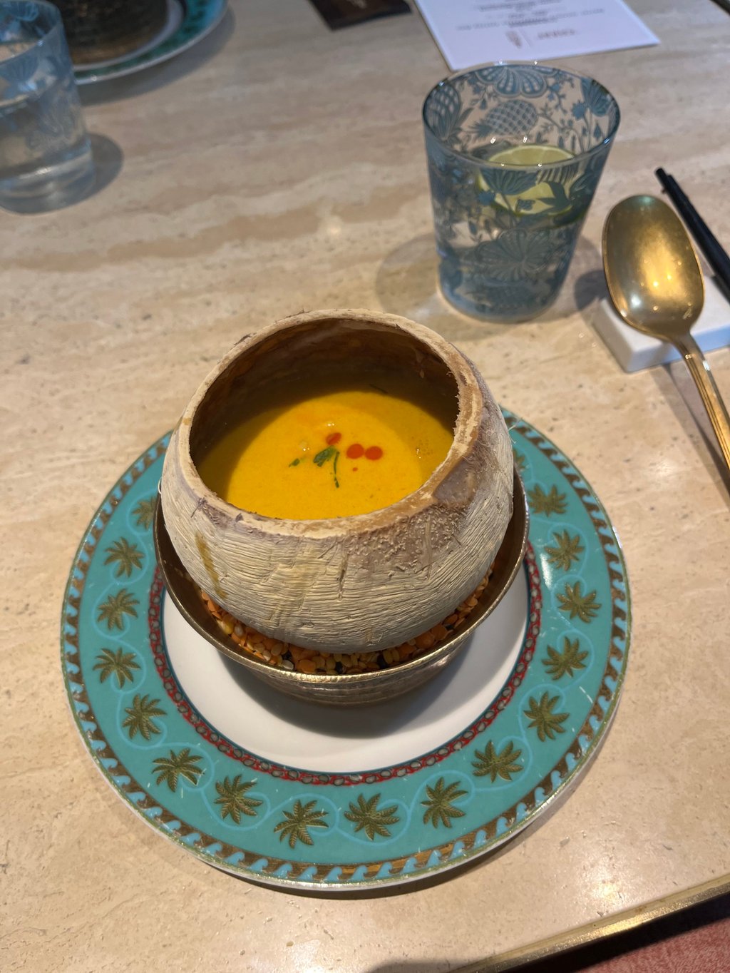 Double-boiled seafood and coconut soup at Chaat fused Cantonese traditions with Indian spices. Photo: Chaat Double-boiled seafood and coconut soup at Chaat fused Cantonese traditions with Indian spices. Photo: Chaat