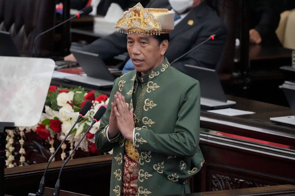 Indonesian President Joko Widodo, wearing a traditional outfit, delivers his annual state-of-the-nation speech last month. Photo: EPA-EFE Indonesian President Joko Widodo, wearing a traditional outfit, delivers his annual state-of-the-nation speech last month. Photo: EPA-EFE