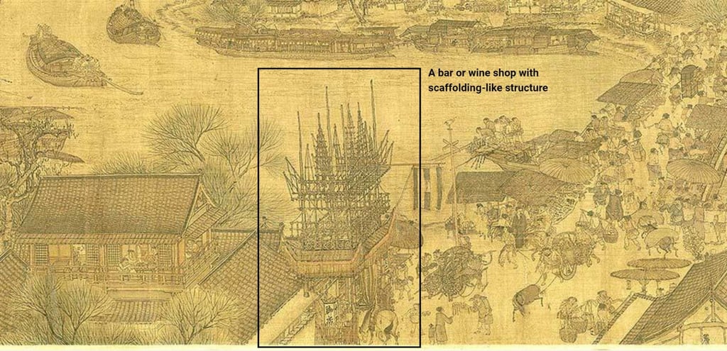 A segment of Along the River During the Qingming Festival, in which bamboo scaffolding can be seen.