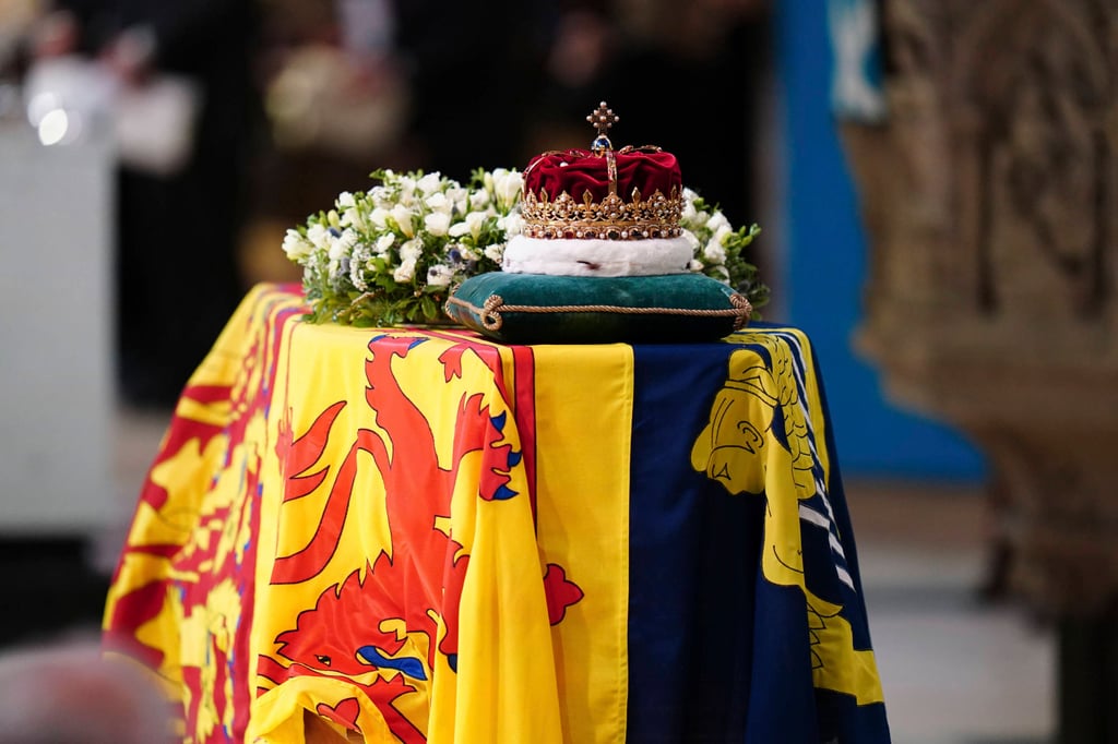 The Crown of Scotland sits atop the coffin of Queen Elizabeth during a Service of Prayer and Reflection for her life at St Giles’ Cathedral, Edinburgh on Monday. Photo: Jane Barlow/PA via AP