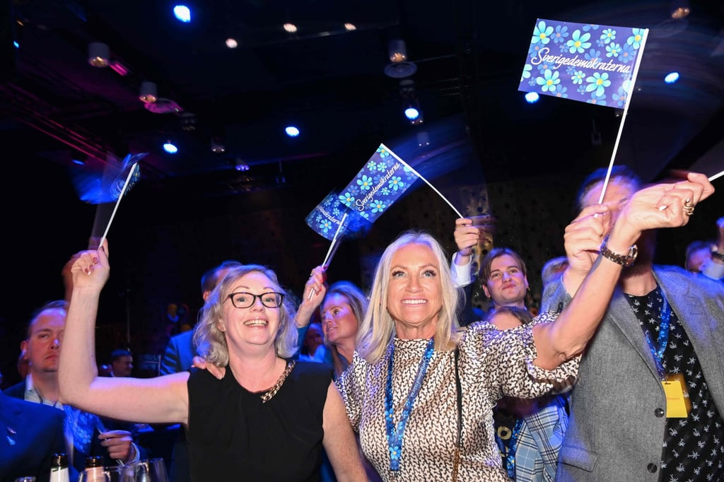 Supporters of the Sweden Democrats cheer during the party’s election night in Nacka, near Stockholm, Sweden on Sunday. Photo: AFP