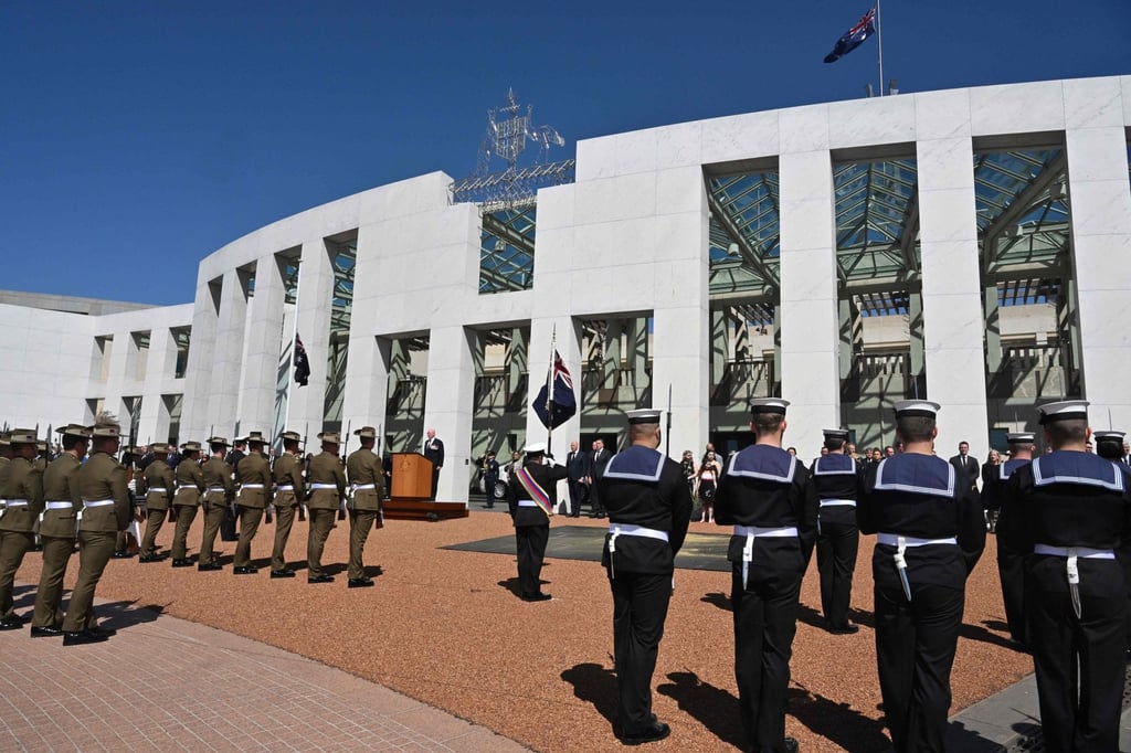 Assorted troops assemble with Governor-General David Hurley, the British monarch’s representative in Australia, for a ceremony at parliament house on Sunday marking King Charles III’s accession to the UK throne. Photo: AFP Assorted troops assemble with Governor-General David Hurley, the British monarch’s representative in Australia, for a ceremony at parliament house on Sunday marking King Charles III’s accession to the UK throne. Photo: AFP