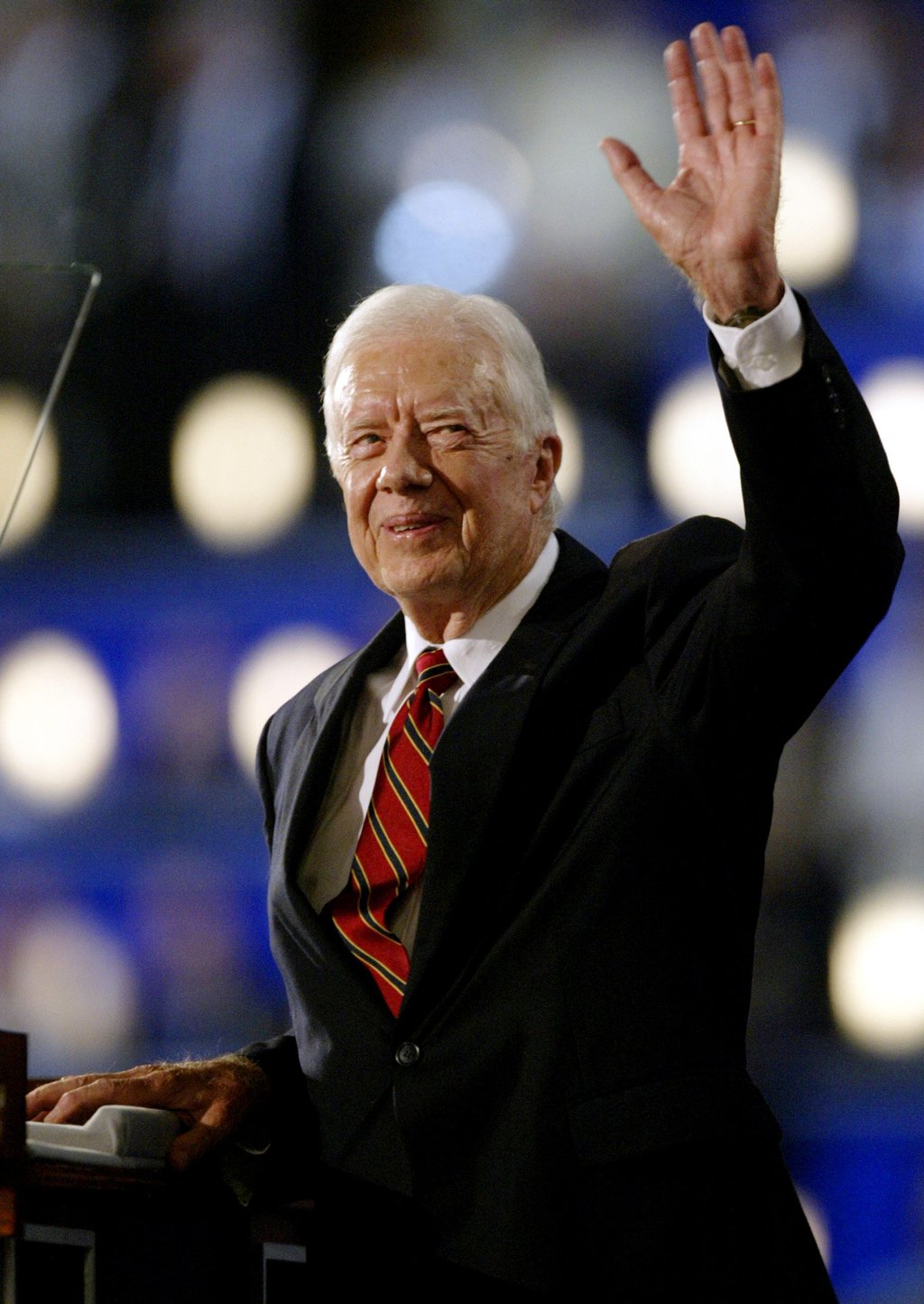 Former President Jimmy Carter waves to the delegates after being introduced at the Democratic National Convention at the Fleet Center in Boston, in 2004. Photo: Reuters Former President Jimmy Carter waves to the delegates after being introduced at the Democratic National Convention at the Fleet Center in Boston, in 2004. Photo: Reuters
