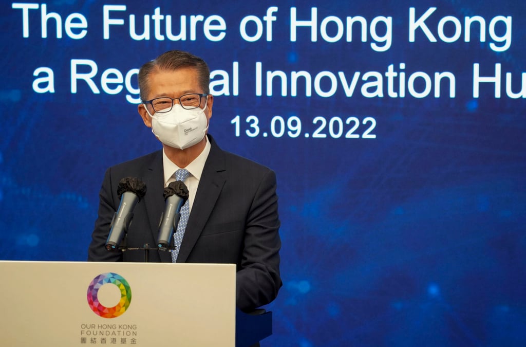 Financial Secretary Paul Chan attends Our Hong Kong Foundation’s forum on Hong Kong’s future as a regional innovation hub on September 13. Photo: Handout Financial Secretary Paul Chan attends Our Hong Kong Foundation’s forum on Hong Kong’s future as a regional innovation hub on September 13. Photo: Handout