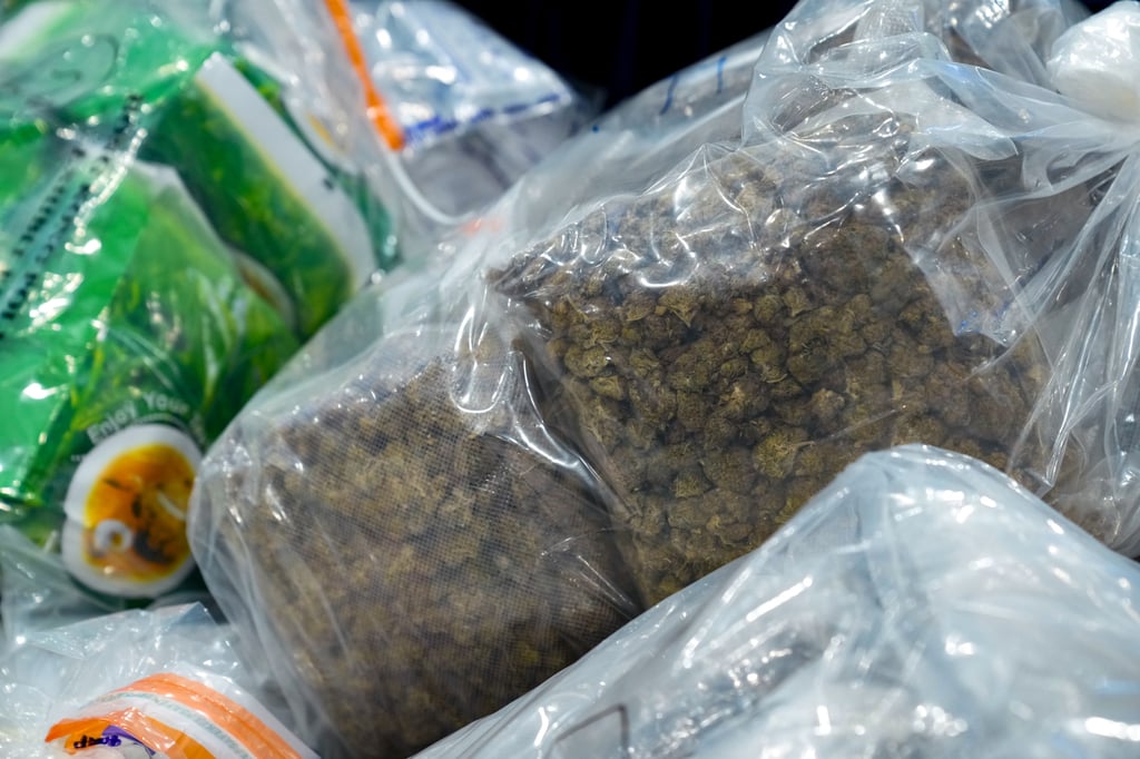 The Narcotics Bureau displays a haul of cannabis buds at a press conference. Photo: Sam Tsang