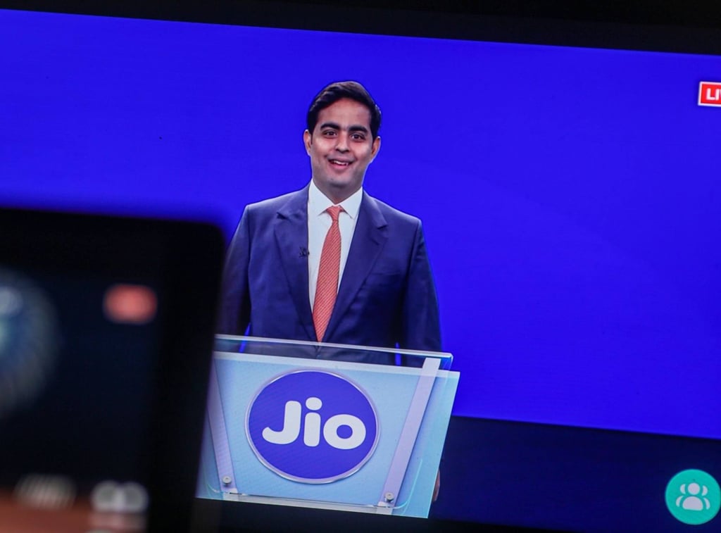 Akash Ambani, chairman of Reliance Jio, speaks via live-stream during the Reliance Industries Ltd. annual general meeting in Mumbai, India, on August 29. Photo: Bloomberg Akash Ambani, chairman of Reliance Jio, speaks via live-stream during the Reliance Industries Ltd. annual general meeting in Mumbai, India, on August 29. Photo: Bloomberg