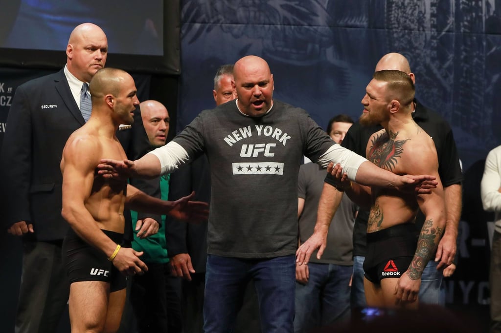 UFC president Dana White separates Conor McGregor and then-UFC lightweight champion Eddie Alvarez ahead of their November 2016 fight at Madison Square Garden. Photo: AFP