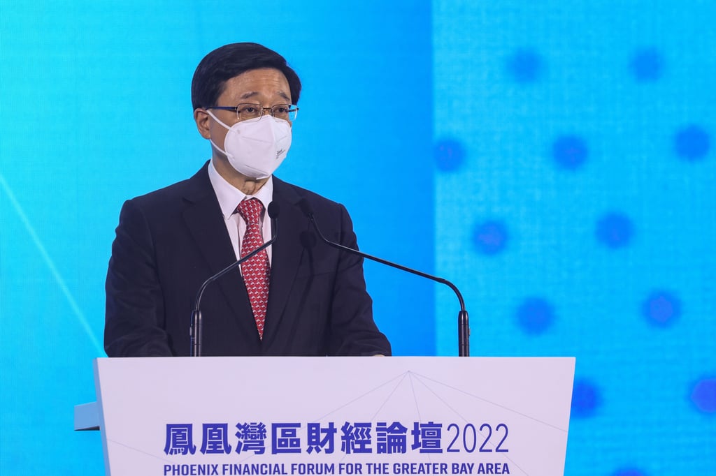 Hong Kong leader John Lee giving a speech at the financial forum. Photo: Yik Yeung-man Hong Kong leader John Lee giving a speech at the financial forum. Photo: Yik Yeung-man