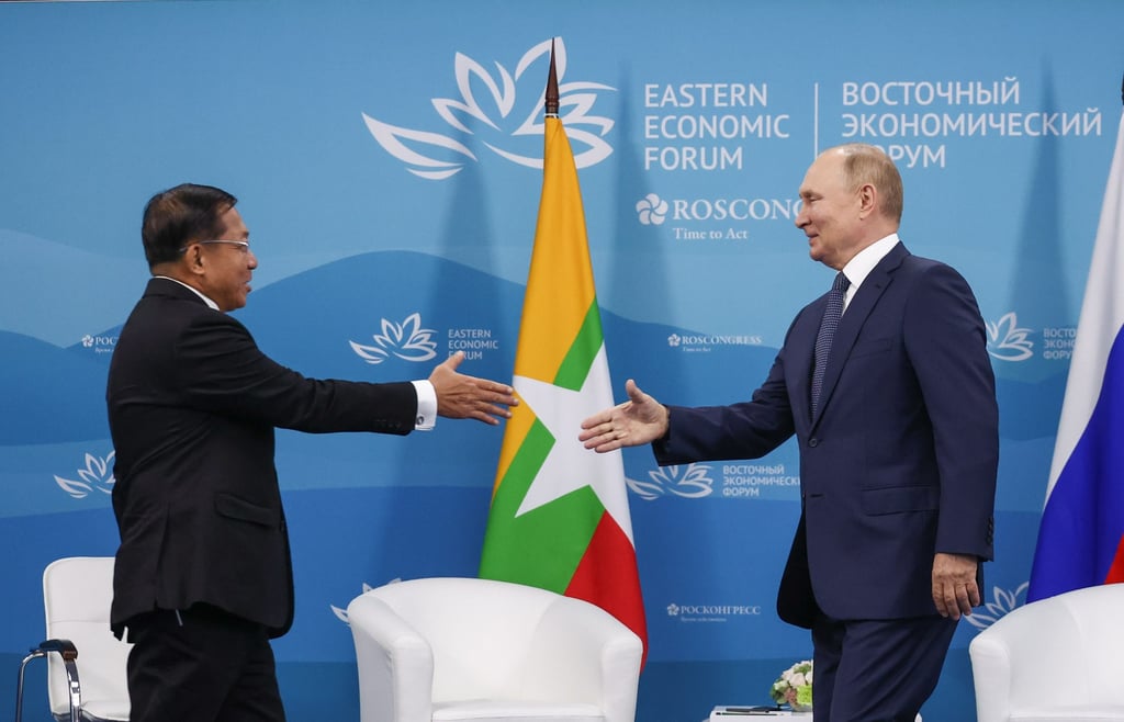 Myanmar junta chief Min Aung Hlaing goes to shake hands with Vladimir Putin at the 2022 Eastern Economic Forum in Vladivostok this month. Photo: TASS Host Photo Agency via EPA-EFE Myanmar junta chief Min Aung Hlaing goes to shake hands with Vladimir Putin at the 2022 Eastern Economic Forum in Vladivostok this month. Photo: TASS Host Photo Agency via EPA-EFE