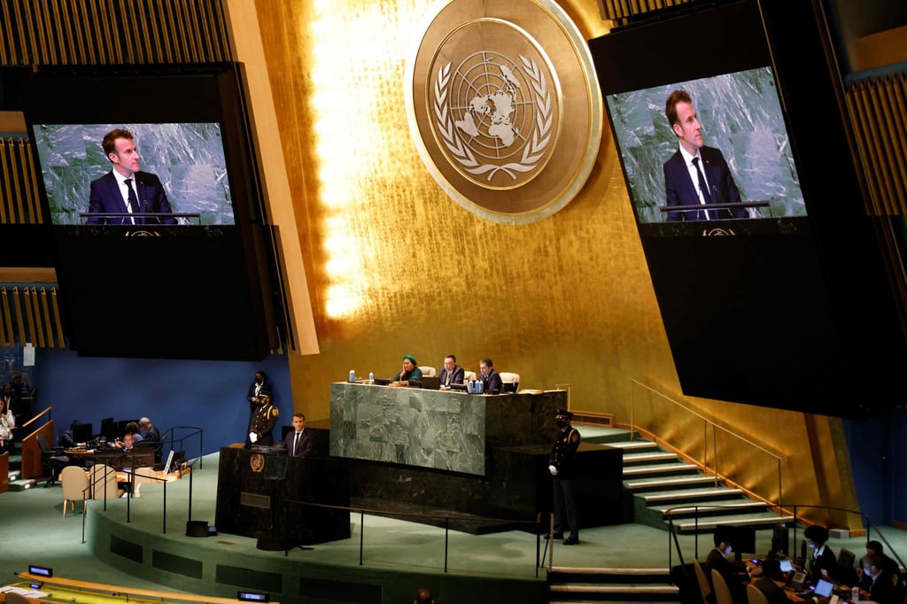 French President Emmanuel Macron addresses the 77th session of the United Nations General Assembly in New York on Tuesday. Photo: AFP