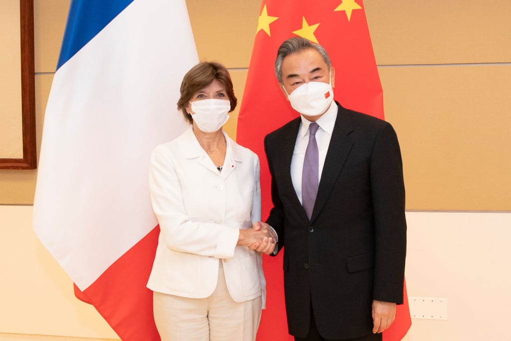 French Foreign Minister Catherine Colonna with Chinese Foreign Minister Wang Yi in New York on Monday. Photo: Xinhua